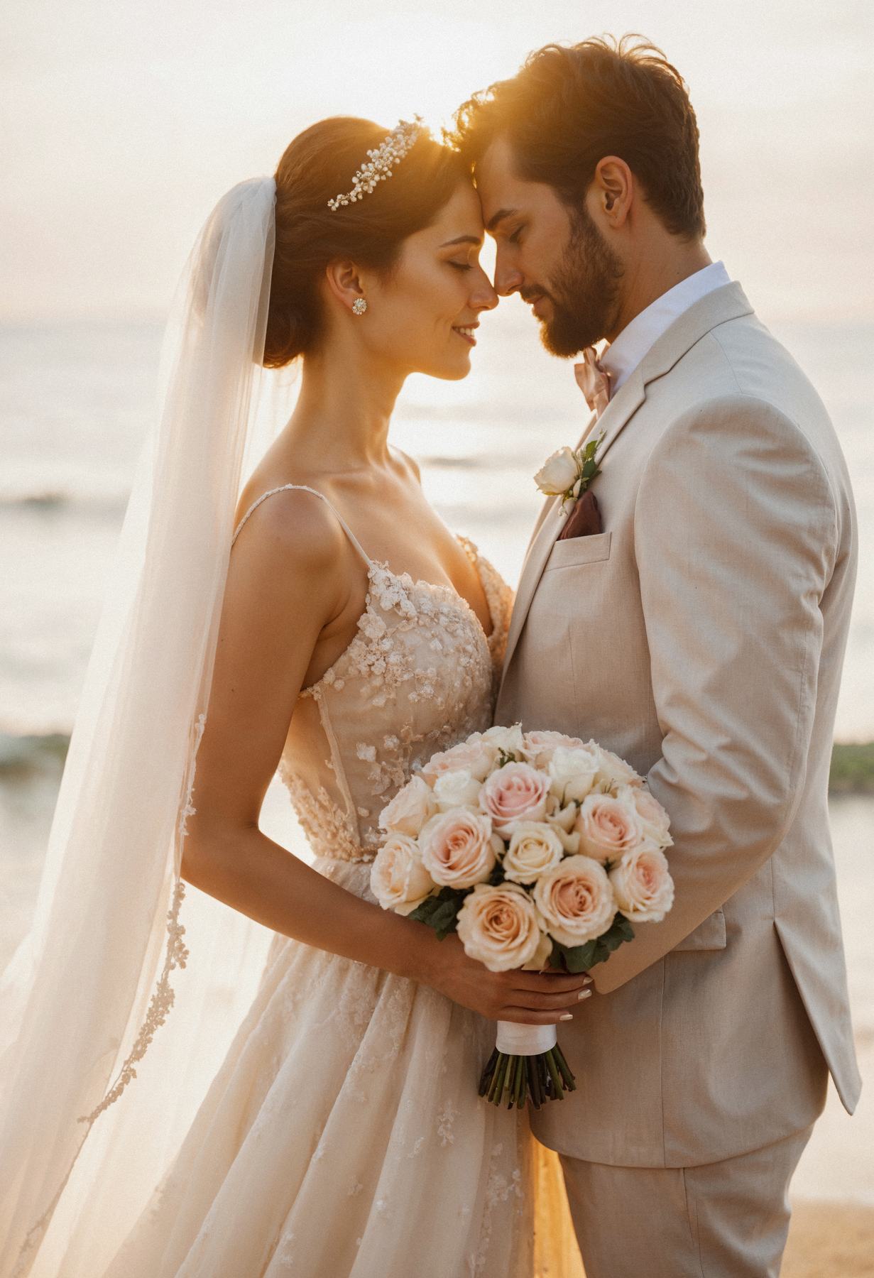 Casal de noivos celebrando ao pôr do sol na praia